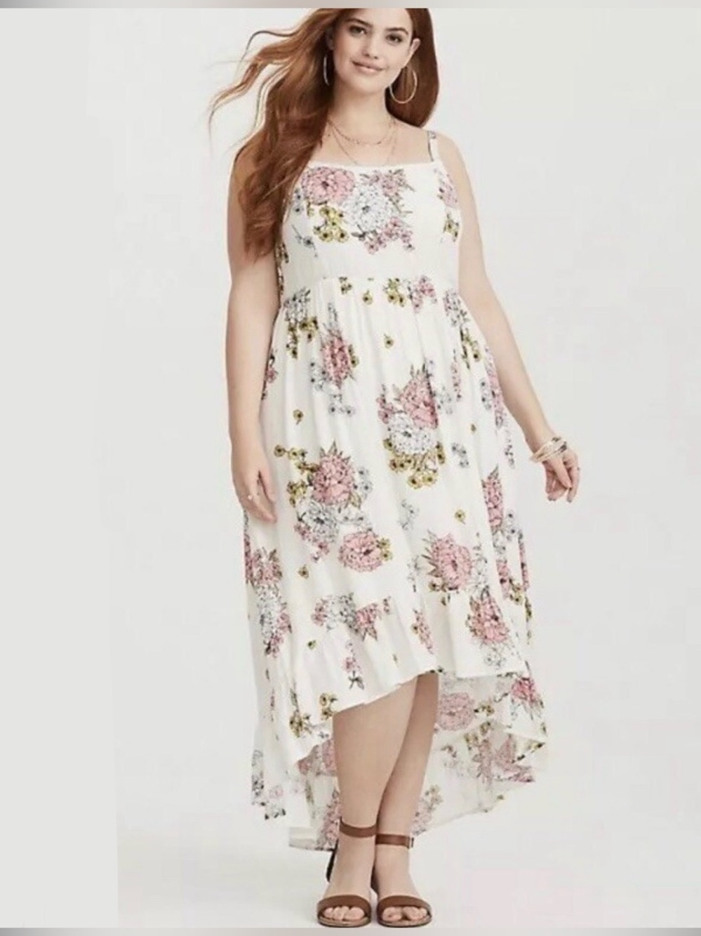 Torrid 2 midi high low dress white floral women’s 2x smocked ruffle spaghetti st